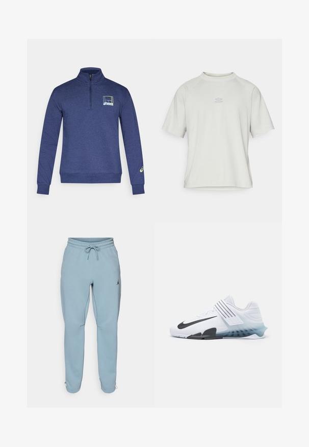 Marineblå quarter-zip pullover lavet af blødt stof med et logo i gult og blåt, samt ribstrikkede manchetter og kant for en tætsiddende silhuet.; Umbro WASHED HIGH NECK BOXY TEE - T-shirts basic - harbor mist; Lysblå sweatpants lavet af blødt stof, med elastisk talje og snøre, sidelommer og et lille sort logo på låret.; Hvide atletiske sko med sort Nike swoosh, mesh-overdel, tre sorte striber og en gradient sål fra blå til klar. Har forstærkede detaljer.
