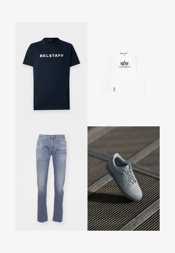 Biely sveter s dlhými rukávmi, ktorý má čierne logo "Alpha Industries" a tri pruhované akcenty v strede. Červená nášivka na spodnom okraji.; Tmavomodré bavlnené tričko s krátkymi rukávmi, okrúhlym výstrihom a bielym textom "BELSTAFF" potlačeným na prednej strane. Jednoduchý dizajn, jemná textúra.; Svetlo modré denimové džínsy so strihom rovného nohavice, piatimi vreckami a jemným vyblednutím. Majú klasické zapínanie na gombík a pútka na opasok.; Sivé kožené tenisky s perforovanou špičkou, plochými šnúrkami, polstrovaným golierom a textúrovanou gumovou podrážkou. Obsahujú diskrétny branding.