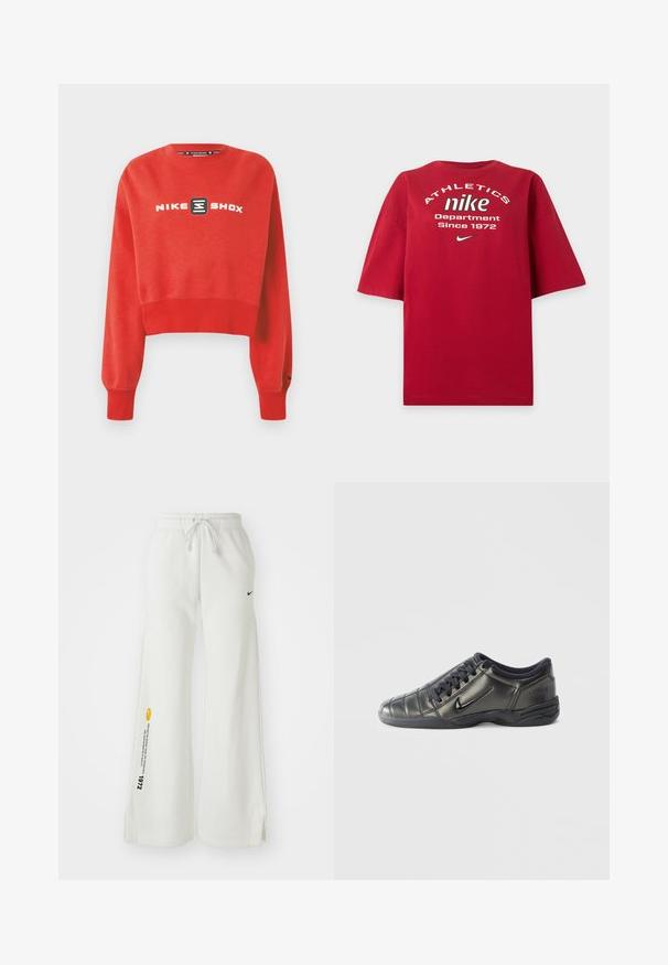 Punainen lyhyt collegepaita pehmeästä materiaalista, jossa on musta Nike Shox -logo edessä ja resorit hihansuissa tiukkaan istuvuuteen.; Punainen lyhythihainen paita, jossa valkoiset tekstit ""ATHLETICS nike Department Since 1972"" ja pieni Nike Swoosh -logo tekstin alapuolella.; Valkoiset, leveät collegehousut, joissa on joustava vyötärö, nyöritys, sivuvetoketjut, musta Nike-logo ja kontrastivärinen keltainen grafiikkateksti.; Mustien, matalavartisten Nike-tennarien, joissa on nauhat, ommeltu yksityiskohtia ja teksturoitu pohja, valkoista taustaa vasten.