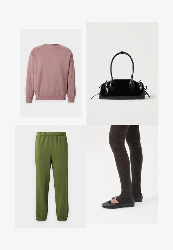 Sweat-shirt mauve à manches longues avec col rond, poignets et ourlet côtelés, présenté à plat sur fond blanc.; Pantalons de survêtement verts en tissu doux. Taille élastique et poignets. Design à jambe droite sans motifs ni matériel visible.; Jambes portant des leggings côtelés foncés associés à des ballerines noires avec de petits détails en nœud sur fond blanc.; Petit sac à main noir brillant avec deux longues anses et des détails à cordon sur les côtés sur un fond clair uni.