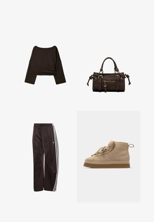 Sort kortærmet top med lange ærmer, brede ærmer og en let rynket detalje på den ene side, mod en hvid baggrund.; Sorte Adidas træningsbukser med hvide tre striber ned langs siderne, elastisk linning, sidelomme med lynlås og Adidas-logo på venstre ben.; Beige ruskinds høje sneakers med en tykk gummisål, der har en foldbar tunge, rund tå og dekorative snørebånd.; Mørkebrun læderhåndtaske med dobbelte håndtag, forreste lynlåslomme, dekorative spænder og sideknuder på hvid baggrund.