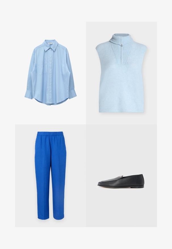 Veste tricotée sans manches bleu clair avec un col montant et une demi-fermeture éclair à l'avant, texture côtelée.; Chemise bleu clair à manches longues avec col pointu et poche poitrine gauche, présentée à plat sur un fond blanc.; Pantalon bleu à jambe droite avec taille élastique et pli avant, présenté sur un fond clair uni.; Mocassins en cuir noir à texture lisse, bout arrondi et détails de couture subtils. Ils présentent un accent logo doré sur le côté supérieur.