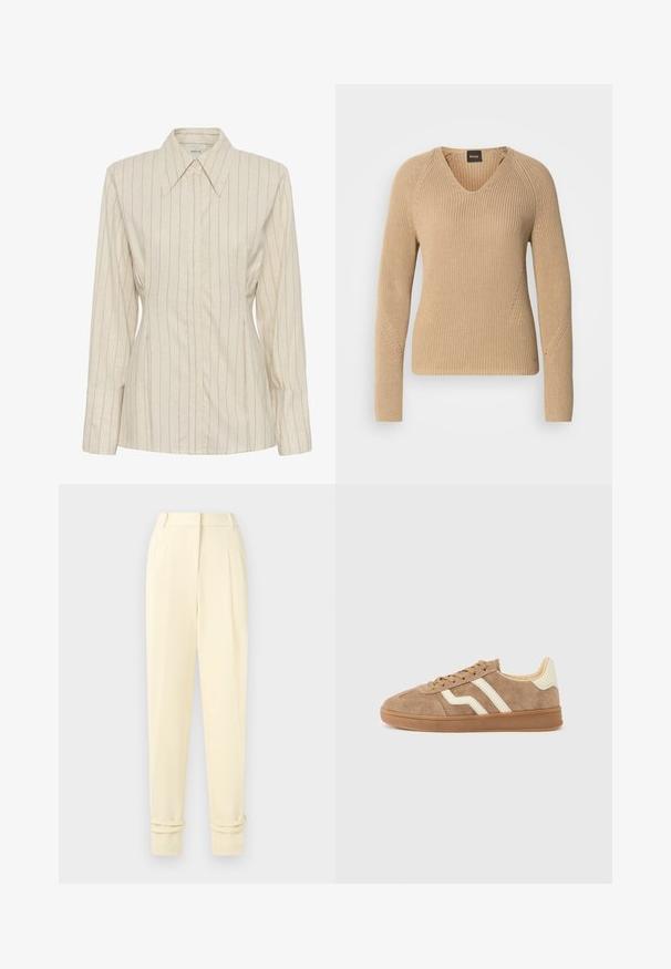 Pull beige en maille avec col en V, manches longues et design côtelé texturé avec détails de surpiqûres diagonales sur les épaules.; Blouse beige à manches longues avec boutons, fines rayures verticales et col pointu.; Pantalon tailleur crème taille haute avec plis, jambes fuselées et revers roulés aux chevilles, présenté sur un fond uni.; Baskets en daim marron avec rayures blanches en accent, bout arrondi, intérieur beige et semelle extérieure en caoutchouc. Lacets à surface texturée.