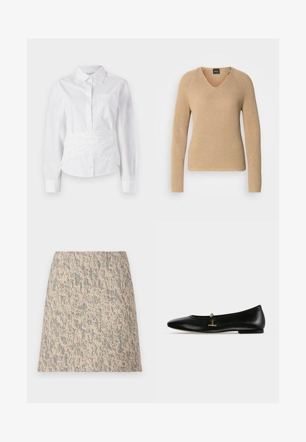 Beige strikket sweater med V-hals, lange ærmer og struktureret ribstrikket design med diagonale syningsdetaljer på skuldrene.; Hvid langærmet skjorte med krave, forreste knapper, lille brystlomme og indviklet design ved taljen. Glat bomuldsstof.; Mini nederdel i beige og gråt vævet stof med tekstur, A-formet og med et subtilt uregelmæssigt mønster.; BOSS Ballerinasko - black