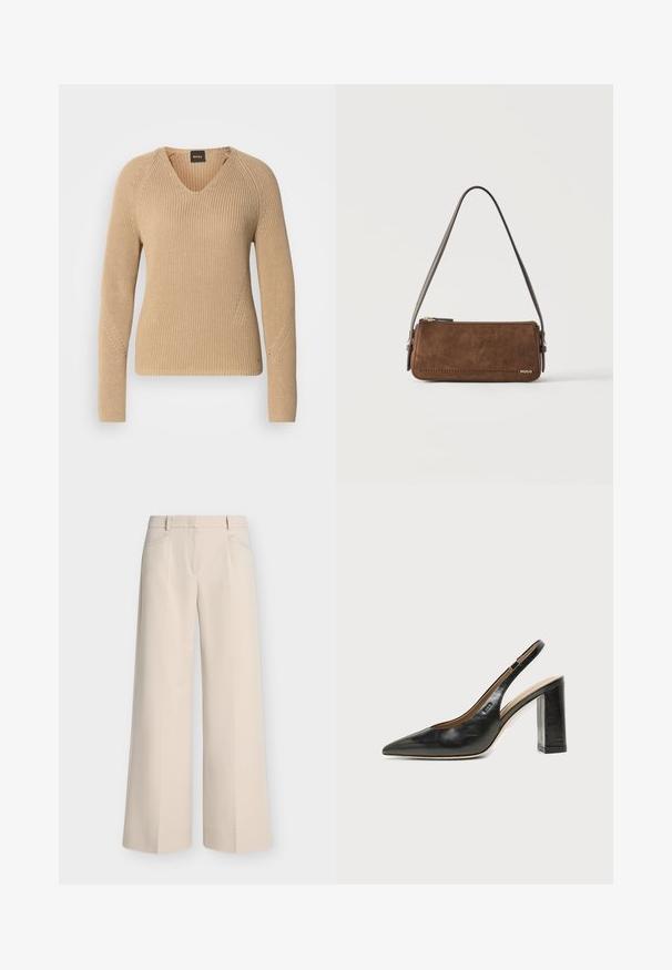 Pull beige en maille avec col en V, manches longues et design côtelé texturé avec détails de surpiqûres diagonales sur les épaules.; Pantalon beige à jambes larges avec poches avant, passants de ceinture et devant plat, présenté sur un fond clair uni.; Chaussure slingback en cuir noir à bout pointu avec un talon bloc haut et une doublure intérieure beige sur un fond clair uni.; Petit sac à bandoulière rectangulaire en daim marron avec une fine sangle marron foncé et une fermeture éclair dorée, marqué "HUGO" dans un coin.