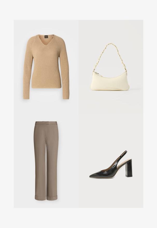 Pull beige en maille avec col en V, manches longues et design côtelé texturé avec détails de surpiqûres diagonales sur les épaules.; Pantalon habillé taupe à jambe droite avec passants pour ceinture, pli sur le devant et larges revers à l'ourlet, présenté sur fond blanc uni.; Chaussure slingback en cuir noir à bout pointu avec un talon bloc haut et une doublure intérieure beige sur un fond clair uni.; Petit sac à main couleur crème avec une forme incurvée et une poignée en chaîne torsadée ton or, fermeture éclair sur le dessus