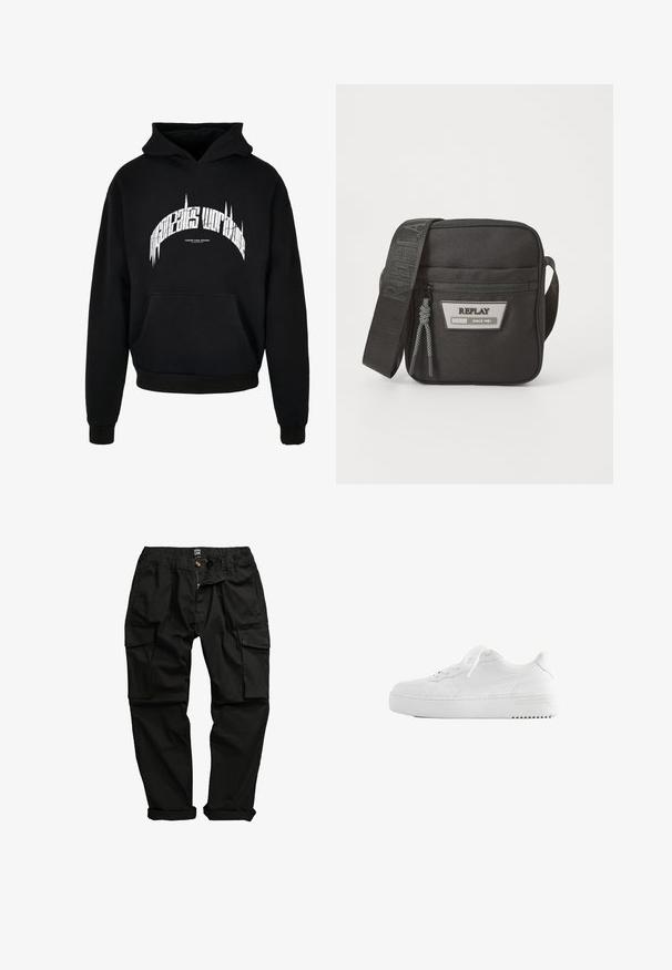 Sort hættebluse med frontlomme. Har et hvidt tekstgrafik på brystet. Stoffet har en glat, varm tekstur.; Sorte cargo-bukser lavet af bomuldsblanding. Funktioner inkluderer flere lommer, elastisk talje og en let indsnævret ben-design.; Hvid lavtop sneaker med snørebånd foran, tyk sål og minimale syninger på en ensfarvet hvid baggrund.; Sort stof crossbody-taske med justerbar rem, lynlåslukning, frontlogo-patch og vævede detaljerne. Kompakt rektangulær form.