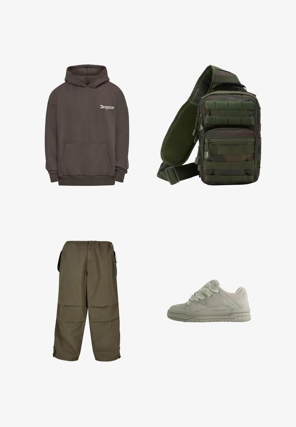 Ruskea huppari, jossa on kengurupocket, ja vasemmassa rinnassa valkoisella brodeerattu "Dropsize"-logo. Valmistettu pehmeästä, teksturoidusta kankaasta.; Khaki cargo-housut, joissa on joustava vyötärö, sivutaskut ja napsautettavat napit. Kangas on sileä ja kevyt.; Matalavartinen harmaa tennari, jossa on paksut teksturoidut nauhat, pehmustettu varren yläosa, tikatut paneelit ja uritettu kumipohja pitoon.; Vihreä mönkijärepukka, jossa on useita vetoketjullisia-taskuja, säädettävä hihna ja verkkopaneeli tuuletusta varten.