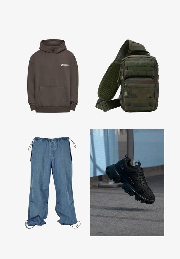 Sudadera marrón con bolsillo canguro, con el logotipo "Dropsize" bordado en blanco en el lado izquierdo del pecho. Fabricada con un tejido suave y texturizado.; Pantalones de mezclilla azul claro con cintura elástica, puños con cordón y bolsillos laterales. La tela parece suave con una textura ligeramente descolorida.; Zapatilla negra y gruesa con suela de taco grueso flotando sobre un pavimento gris, con un fondo desenfocado azul claro y gris.; Mochila tipo bandolera en camuflaje verde con múltiples bolsillos con cremallera, una correa ajustable y un panel trasero de malla para ventilación.