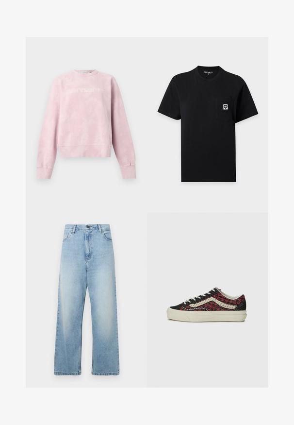 Hellrosa Sweatshirt mit Rundhalsausschnitt, subtilem weißem Sprenkelmuster und schwach sichtbarem "Carhartt"-Logo auf der Brust, flach auf weißem Hintergrund präsentiert.; Schwarzes Carhartt T-Shirt mit kurzen Ärmeln und einer Brusttasche, die oben rechts ein kleines weißes Logo-Patch trägt.; Hellblaue Jeans mit weitem Bein aus Denim. Verfügt über eine hohe Taille, Standardtaschen und ein verwaschenes Finish. Gerade geschnitten mit sauberen Säumen.; Vans OLD SKOOL 36 UNISEX - Sneaker low - bordeaux