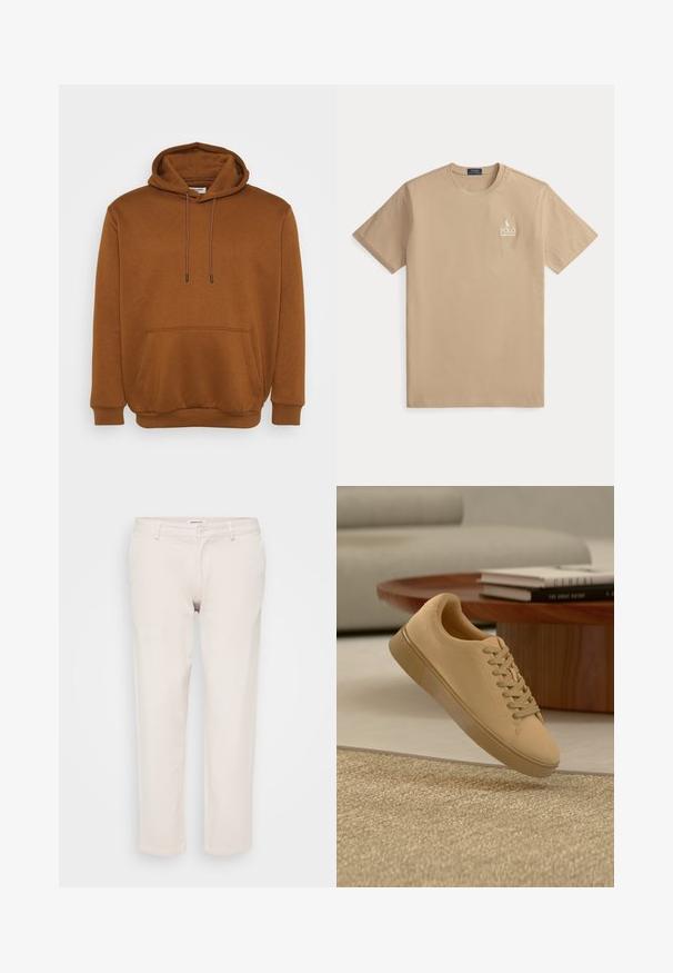 Hoodie brun en tissu doux, doté d'une poche frontale, de cordons de serrage ajustables et de poignets et d'un ourlet côtelés.; T-shirt beige à manches courtes Polo Ralph Lauren, col rond avec petit logo blanc sur le côté gauche de la poitrine.; Pantalons en coton beige à coupe droite, dotés d'une fermeture à bouton, de passants de ceinture et sans motifs ni textures visibles.; Baskets beiges à lacets flottant au-dessus d'un tapis texturé avec une table basse en bois et des livres empilés en arrière-plan flou.