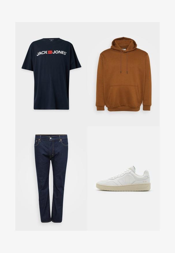 Hoodie brun en tissu doux, doté d'une poche frontale, de cordons de serrage ajustables et de poignets et d'un ourlet côtelés.; T-shirt noir à manches courtes avec texte blanc "JACK JONES" et logo carré rouge centré sur la poitrine.; Jean en denim bleu foncé à jambe droite, avec des coutures visibles en jaune contrasté, cinq poches et une fermeture à bouton à l'avant.; Baskets en cuir blanc avec une finition texturée et un col rembourré. Elles sont dotées d'une semelle en caoutchouc beige et d'une discrète branding sur le talon et le côté.