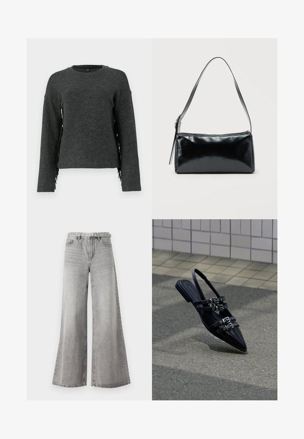 Hallpikestest villane soe, pikkade varrukatega, ümar kaelus ja frantsi detailid külgedel. Pehme tekstuur ja vabalt langev lõige.; Laiad hallid denim püksid kõrge vöökohaga, klassikalise viie tasku disainiga ja vööl õmmeldud vööga. Struktuuriga kangas.; Mustad terava ninaga lame sandaal, millel on mitu paela punutiste ja kannahoidjaga, paigutatud vallutatud pinna ja plaatseinaga tausta kohale.; Must ristkülikukujuline õlakott ühe reguleeritava rihmaga ja ülemise tõmblukuga, ühtlase taustaga.