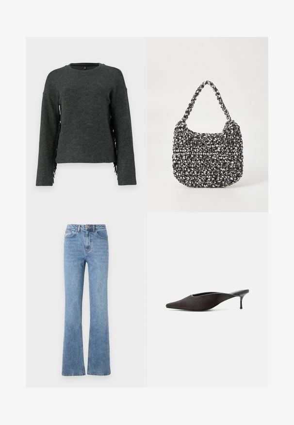 Grijs wollen trui met lange mouwen, een ronde hals en franjes aan de zijkanten. Zachte textuur en een relaxed fit.; Lichtblauwe denim jeans met een flare-pasvorm, hoge taille en minimale hardware. Kenmerken zijn de klassieke vijfzak-stijl en subtiele stiksels.; Zwarte muleschoen met een puntige neus, lage stilettohak en een strakke, gladde afwerking, gezien van opzij tegen een witte achtergrond.; Geweven handtas in zwart en wit met een ronde vorm, gestructureerd oppervlak en een gevlochten handvat. Geschikt voor dagelijks gebruik.