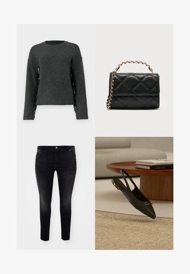 Grauer Wollpullover mit langen Ärmeln, Rundhalsausschnitt und fransigen Details an den Seiten. Weiche Textur und lässige Passform.; Schwarze Jeans aus Denim mit slim-fit Schnitt, Fünf-Taschen-Design, Knopfverschluss und sanften Ausbleichungen für eine strukturierte Optik. Minimalistischer Stil, ohne sichtbare Muster.; Schwarzer Lederslingback mit spitzer Zehenpartie und flacher Sohle, mit goldenem Akzent an Zehen- und Fersenbereich, neben einem runden Holzcouchtisch und einem beigen Teppich platziert.; Schwarze gesteppte Handtasche aus Leder mit goldfarbener Kettenriemen und Überschlagklappe. Kompakte Form mit glatter Textur.