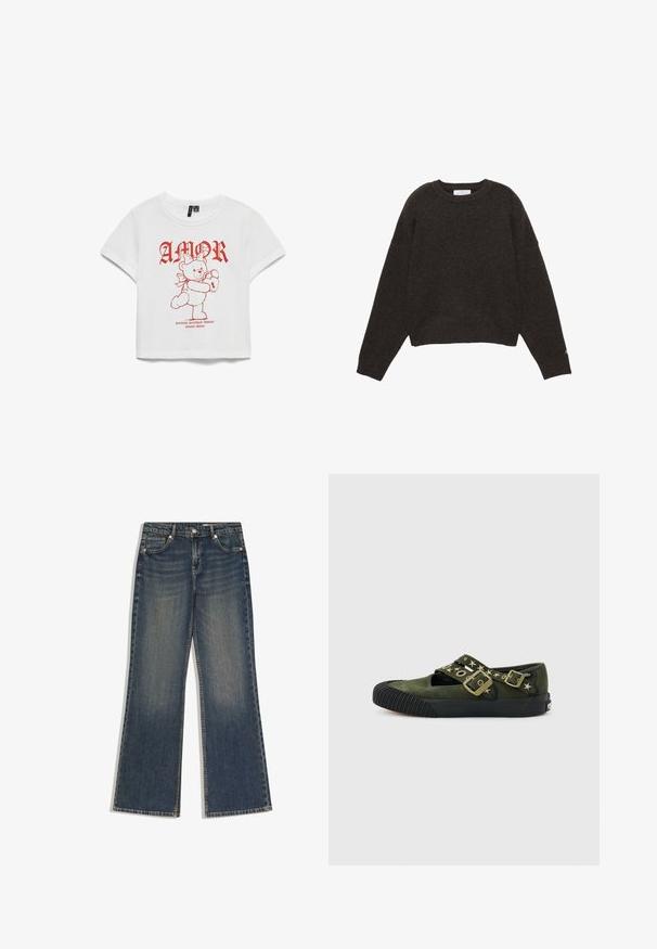Mørkegrå strikket sweater med rund hals, lange ærmer og ribstrikkede manchetter og kant, lagt fladt på en hvid baggrund.; Hvid kortærmet t-shirt med rød grafisk tekst "AMOR" og en bamse, der holder et lås. Fremstillet i bomuldsstof, afslappet pasform, cropped design.; Mørkeblå denimjeans med lige ben, forlommer, bæltestropper og knaplukning, der viser let falmning på lårene.; Olivengrøn ruskind Mary Jane sneaker med sort gummisål, rillet snude, stjerneformede nitter og to stropper med messingspænder.
