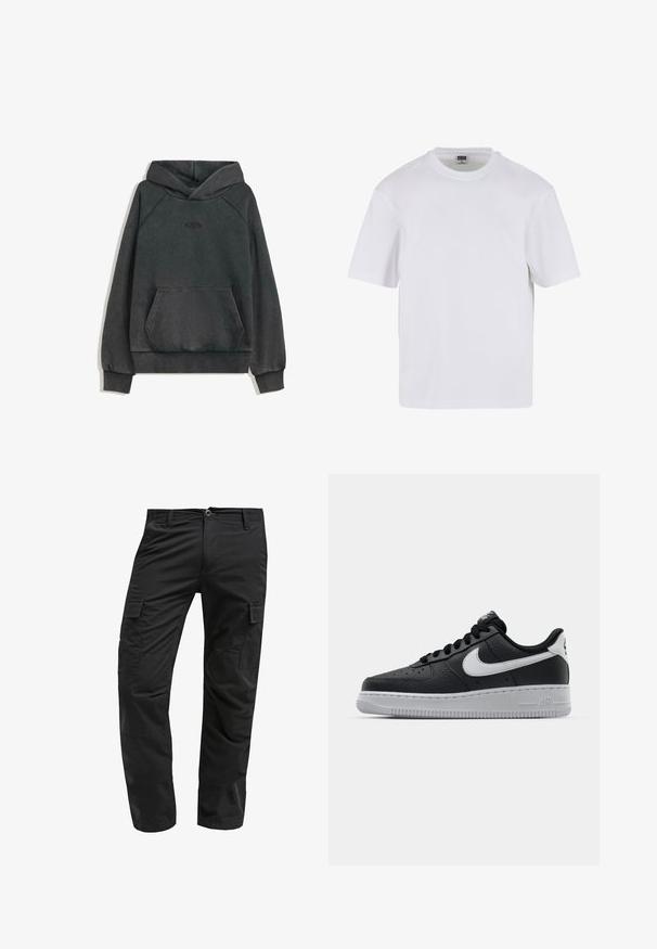 Charcoalgrijs capuchontrui van zacht materiaal, met een voorzak in kangoeroestijl en ribgebreide manchetten, voorzien van subtiele geborduurde logo op de borst.; Witte kraagloze t-shirt met korte mouwen, gemaakt van katoen. Heeft een ronde halslijn en een losse pasvorm. Soepele textuur, minimalistisch ontwerp, geen patronen of accenten.; Zwarte cargobroek met een rechte snit, gemaakt van duurzaam materiaal, met meerdere zijzakken en een knoopsluiting bij de taille.; Zwarte lederen sneaker met een textuur oppervlak, witte Nike swoosh, grijze zool, ronde neus en vetersluiting. Bevat perforaties op de neus.