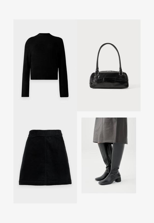 Sort cropped sweatshirt med lange ærmer, rund halsudskæring, ribbet struktur og en glat finish. Ingen synlige mønstre eller hardware detaljer.; Sort kordfløjlsskjørt med en tætsiddende talje, lige skæring og tekstureret stof med lodrette ribber. Ingen synlige lukninger eller udsmykninger.; Knæhøje sorte læderstøvler med firkantet tå, skråt stillet blokhæl og en sidesyning; glat tekstur og tætsiddende design.; Sort læderhåndtaske med rektangulær form, der har et enkelt struktureret håndtag, sølvhardware og lynlås-lukning. Glat tekstur.