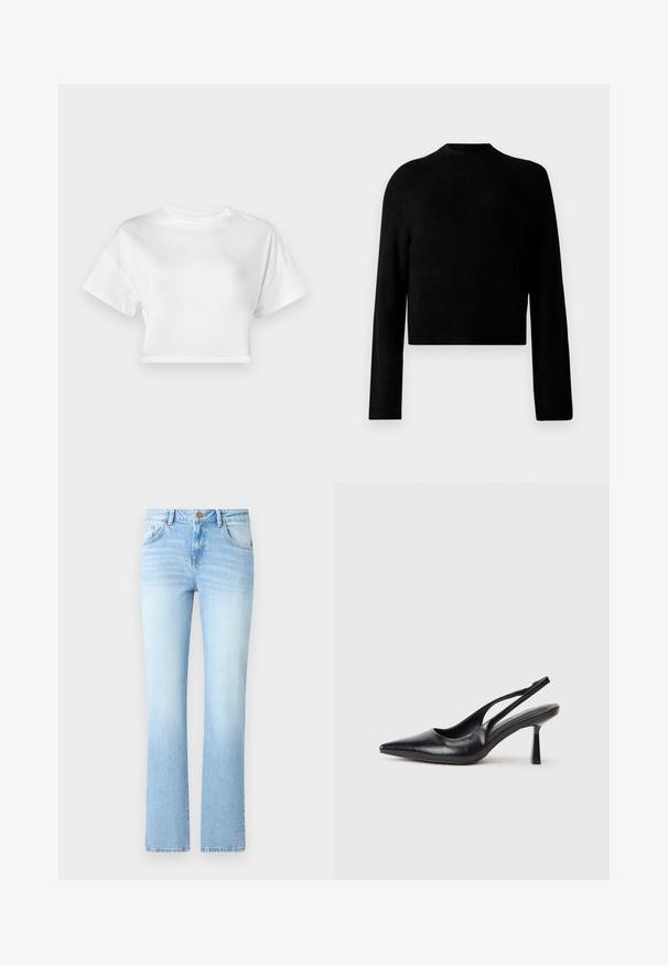 Suéter negro corto con mangas largas, cuello redondo, textura acanalada y un acabado suave. Sin patrones visibles ni detalles de hardware.; Camiseta corta blanca de algodón. Mangas cortas, escote redondo, textura suave, diseño casual sin patrones ni adornos.; Pantalones de mezclilla de color azul claro con una silueta acampanada, que presentan un cierre de botón, cinco bolsillos y un ligero patrón de desgaste.; Zapato de tacón alto negro de cuero con puntera afilada y tacón delgado sobre un fondo blanco.