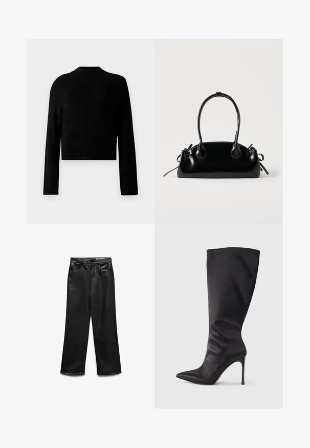 Pull court noir avec des manches longues, un col rond, une texture côtelée et une finition lisse. Pas de motifs visibles ni de détails matériels.; Pantalon large en cuir synthétique noir avec poches avant, passants pour ceinture et léger éclat. Texture lisse et coupe ajustée.; Botte noire haute jusqu'aux genoux en cuir verni lisse et élégant ; bout pointu ; ajustée avec un léger froncé près de la cheville ; talon brillant.; Petit sac à main noir brillant avec deux longues anses et des détails à cordon sur les côtés sur un fond clair uni.