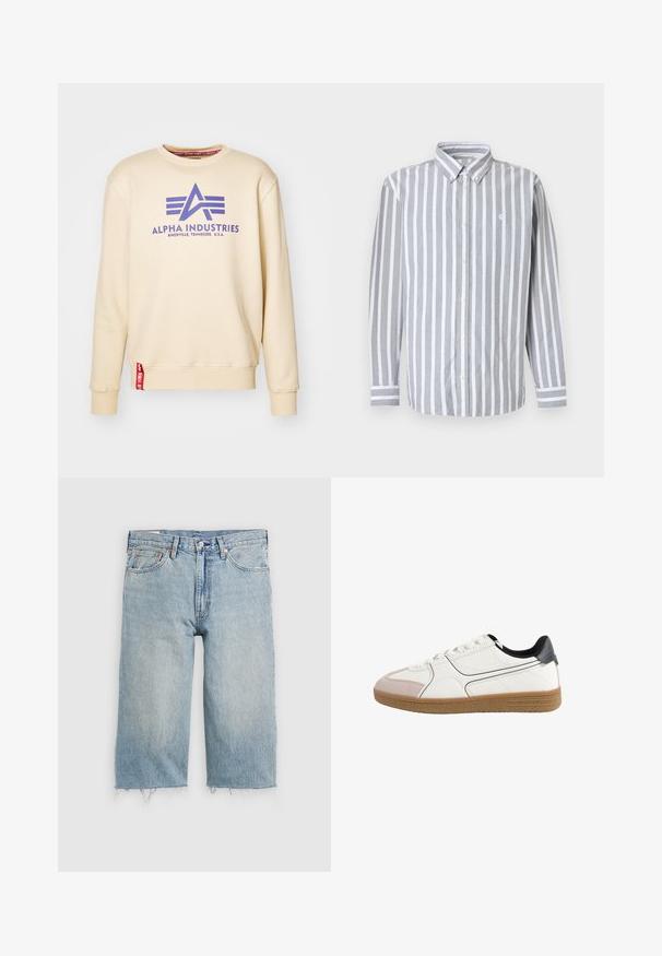 Beige Sweatshirt mit lila "Alpha Industries" Logo, Rundhalsausschnitt, gerippten Bündchen und einem roten Etikett am Saum. Weiche Stofftextur.; Herrenhemd zum Knöpfen mit grauen und weißen vertikalen Streifen, langen Ärmeln und einem kleinen Logo auf der Brust. Baumwollstoff, klassischer Kragen.; Hellblaue Denim-Shorts mit geradem Schnitt, fransigem Saum, fünf Taschen und Knopfverschluss an der Taille.; Weißer Sneaker mit niedrigem Schaft, schwarzem Fersenlasche, beiger Kappe an der Spitze, gemusterter brauner Sohle und weißen Schnürsenkeln auf einem schlichten weißen Hintergrund.