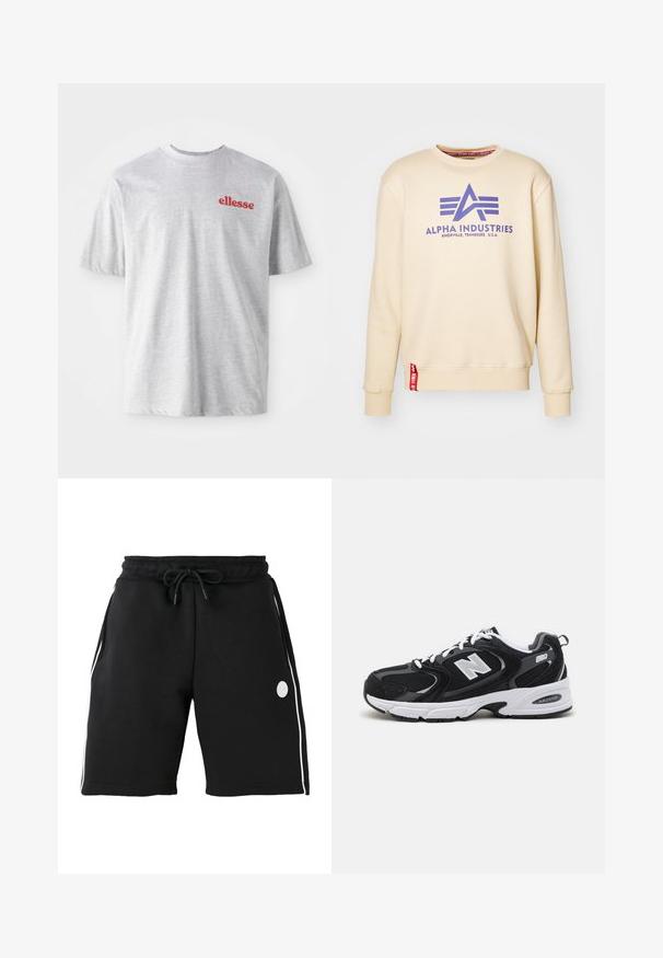 Béžová mikina s fialovým logom "Alpha Industries", s okrúhlym výstrihom, rebrovanými manžetami a červenou nášivkou na leme. Mäkká textúra látky.; Šedé bavlnené tričko s okrúhlym výstrihom a krátkymi rukávmi. Na ľavej hrudi sa nachádza červené logo "ellesse". Mäkká textúra, ležérny dizajn.; Čierne krátke nohavice po kolená s elastickým pásom a sťahovacou šnúrkou, biele vertikálne bočné pruhy a malé kruhové logo na ľavom stehne.; Čierne a šedé športové topánky s hornou časťou z mikrovlákna a zamatu, s bielou medzipodrážkou, šnúrkami a výrazným logom "N" na boku.