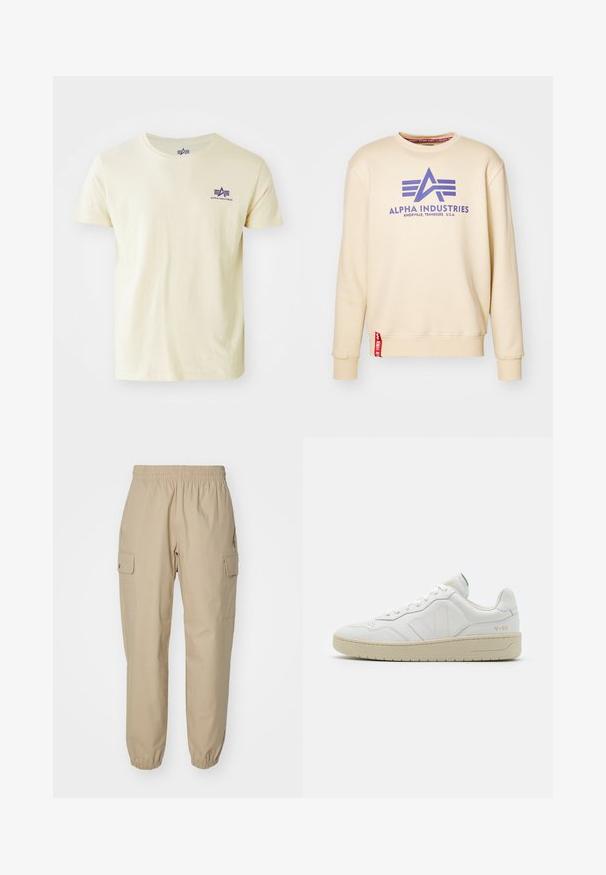 Beige Sweatshirt mit lila "Alpha Industries" Logo, Rundhalsausschnitt, gerippten Bündchen und einem roten Etikett am Saum. Weiche Stofftextur.; Hellgelbes Baumwoll-T-Shirt mit kurzen Ärmeln, Rundhalsausschnitt und einem kleinen lila Logo auf der linken Brust, das stilisierte Schriftzüge und Designelemente zeigt.; Beige Cargo-Hosen mit einem elastischen Bund, schmal zulaufenden Beinen und seitlichen Taschen. Glattes Gewebe mit einer leicht strukturierten Textur.; Weiße Leder-Sneaker mit strukturierter Oberfläche und gepolstertem Kragen. Sie verfügen über eine beigen Gummisohle und dezente Markenkennzeichnung an der Ferse und an der Seite.