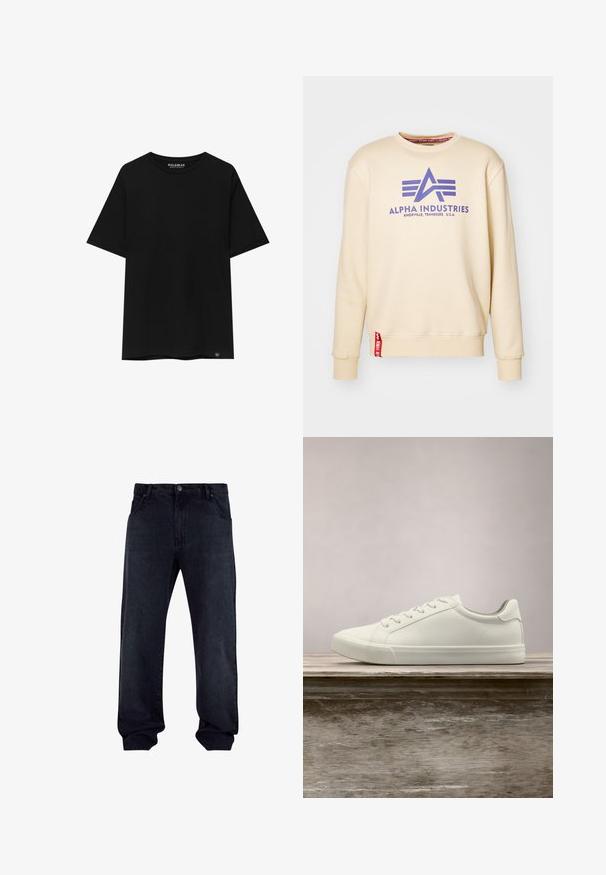 Beige collegepaita, jossa on violetti "Alpha Industries" -logo, pyöreä kaula-aukko, ribbiniittaukset hihansuissa ja punainen etiketti helmassa. Pehmeä kangas.; Mustan lyhythihaisen t-paidan, joka on valmistettu puuvillasta, varusteena on pyöreä pääntie ja pieni tuotemerkki vasemmalla alhaalla.; Tummansiniset farkut, joissa on suora lahje. Ominaisuuksiin kuuluu viisi taskua, nappi- ja vetoketjukiinnitys sekä näkyvät ompelu yksityiskohdat.; Valkoiset nauhalla kiinnitettävät lenkkarit leijuvat puupenkillä, taustalla vihreää kasvillisuutta, tuoden esiin kengän muotoilua ja pintarakennetta.