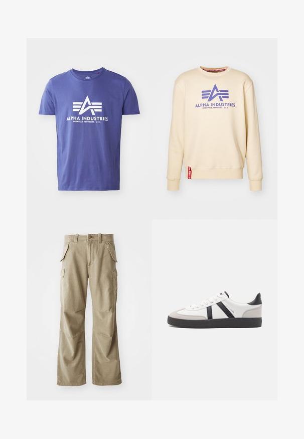 Béžová mikina s fialovým logom "Alpha Industries", s okrúhlym výstrihom, rebrovanými manžetami a červenou nášivkou na leme. Mäkká textúra látky.; Fialové bavlnené tričko s krátkymi rukávmi, na ktorom je biele logo obsahujúce "ALPHA INDUSTRIES" a geometrický dizajn.; Béžové cargo nohavice vyrobené z odolného materiálu, s voľným strihom, viacerými bočnými vreckami a zosilnenými kolenami. Rovný predný dizajn.; Biele tenisky s čiernymi a šedými akcentmi, s textúrovanou šedou špičkou, čiernou gumovou podrážkou a plochými bielymi šnúrkami. Čistý dizajn, minimalistický štýl.