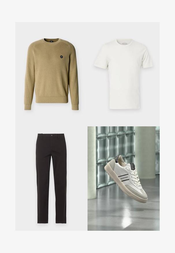 Pull en maille beige à col rond avec manches longues, poignets et ourlet côtelés, et petit logo circulaire noir sur le côté gauche de la poitrine.; T-shirt en coton blanc uni à manches courtes et col rond, vue de face, fond neutre, sans logos ni motifs visibles.; Pantalon noir slim avec fermeture par bouton et fermeture éclair, passants de ceinture et jambes droites, présenté sur un fond clair uni.; Baskets Valentino blanches et grises avec détails et lacets noirs flottant au-dessus d'un sol gris réfléchissant près de blocs de verre et d'une colonne.