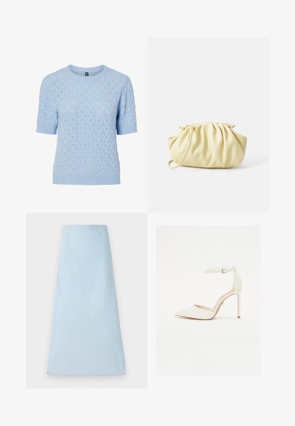 Pull court en tricot bleu clair à manches courtes avec un délicat motif de feuilles et des poignets, un col et un ourlet côtelés.; Jupe A-line bleu clair en tissu lisse, avec un design épuré sans motifs ni accents visibles, atteignant une longueur mi-mollet.; Chaussure à talons hauts blanche en cuir avec un bout pointu et une fine bride de cheville. Dotée d'un talon aiguille et d'un design minimaliste.; Sac à main plissé jaune en simili cuir lisse, arborant une forme douce avec une bandoulière unique et un design froncé sur le dessus.