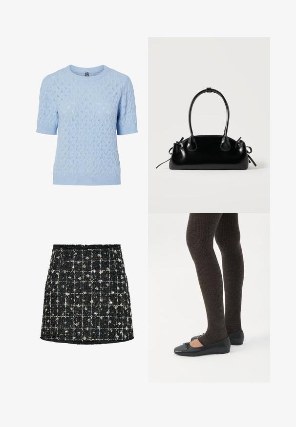 Lichtblauw gebreid truitje met korte mouwen, voorzien van een fijn bladmotief en geribbelde boorden, kraag en zoom.; Zwarte tweed rok met een ruitpatroon, verfraaid met pailletten en kleine bloemaccenten, met een rafelige zoom en een aansluitend ontwerp.; Benen met donkere geribbelde leggings gecombineerd met zwarte ballerina's met kleine strikdetails op een witte achtergrond.; Kleine zwarte glanzende handtas met twee lange hengsels en zijkant trekkoord details op een effen lichte achtergrond.