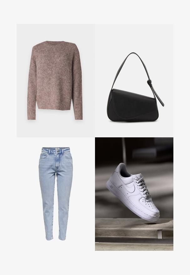Bruine, ribgebreide trui met lange mouwen en een ronde hals. Relaxte pasvorm en zachte textuur, geschikt voor casual draagstijl.; Lichtblauwe high-waisted slim-fit jeans met een knoop aan de voorkant, rits en vijf-pocket ontwerp.; Witte Nike Air Force 1 sneaker die zweeft boven een betonnen oppervlak met schaduwen in een minimalistische setting.; Zwart leren handtas met een driehoekige vorm, schuine klep en een ronde handgreep. Heeft een gladde textuur en minimalistische ontwerpelementen.