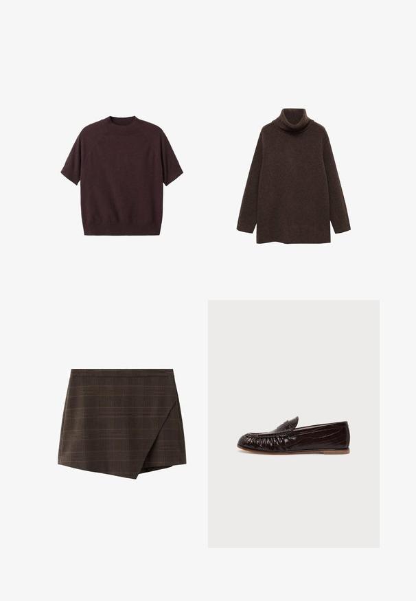 Brun turtle neck sweater lavet af blødt strikstof. Har lange ærmer og en afslappet pasform med høj krave for ekstra varme.; Kortærmet sweater i mørk burgundy strik. Har en ribbet rund hals og en afslappet pasform, med raglanærmer og en glat tekstur.; Brun ternet slå-om-nederdel med struktureret design, indsatte taljebånd og en let skråtstillet kant, lavet af tekstureret stof.; Mørkebrun læderloafer med krokodillemønster, mokkasinsyning og flad sål vist i sideprofil på hvid baggrund.