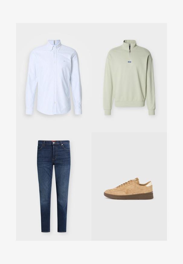 Jersey de manga larga verde claro con cremallera de cuarto de subida y etiqueta azul "HUGO" centrada debajo de la cremallera en el pecho.; Camisa de manga larga a rayas azules y blancas con cuello, que presenta un pequeño logo en el pecho y una tapeta de botones. Material de algodón.; Vaqueros ajustados de color azul oscuro con bolsillos delanteros, trabillas para cinturón, cierre de botón y un sutil desgaste en los muslos y las rodillas.; Zapatillas de ante en marrón claro con suela de goma marrón. Presentan un cordonado sencillo, puntera redonda y un detalle en el talón en color crema que contrasta.