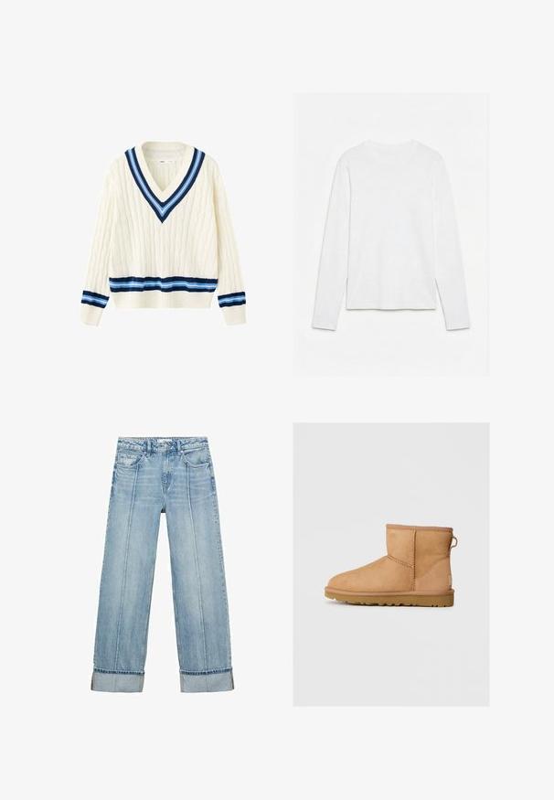 Jersey de punto crema con cuello en V pronunciado, rayas azul marino y azul claro en el cuello, los puños y el bajo, y un patrón de punto trenzado en toda la prenda.; Camiseta blanca lisa de manga larga con cuello redondo, extendida sobre una superficie blanca, mostrando el frente y la longitud completa de la manga.; Jeans anchos de mezclilla azul claro con una cintura alta, que cuentan con cinco bolsillos, costuras visibles y dobladillos en los puños.; Botín de ante marrón con punta redonda, detalles de costura, tirador en la parte posterior y suela de goma texturizada. Diseñado para comodidad y calidez.