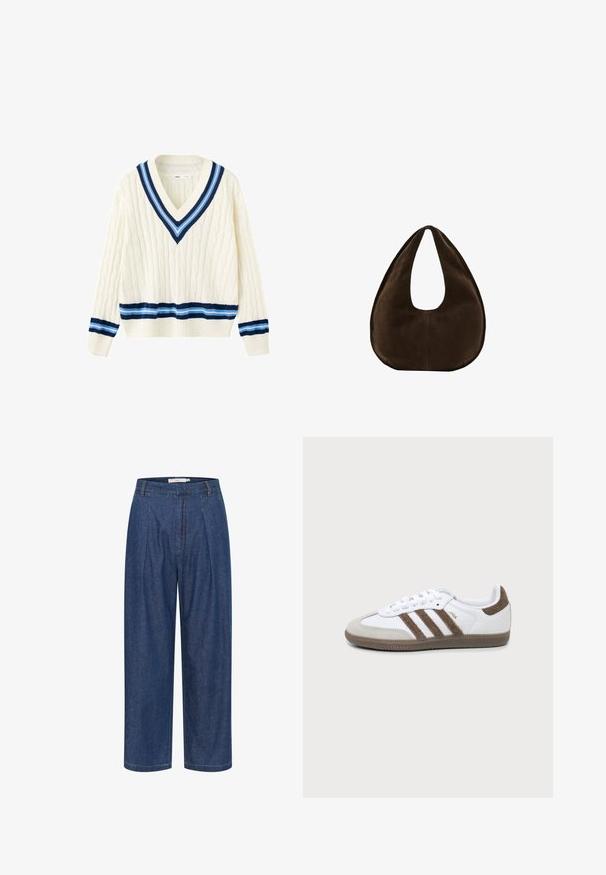 Crèmekleurige gebreide trui met diepe V-hals, marineblauwe en lichtblauwe strepen op kraag, manchetten en zoom, en een kabelpatroon over het geheel.; Blauwe denim broek met hoge taille, wijde pijpen, voorplooien, lussen voor een riem en een verborgen ritssluiting.; Witte en bruine Adidas Samba sneaker met drie bruine strepen, veters en een textuurs van boven- tot zool, getoond vanaf de zijkant op een effen achtergrond.; Donkerbruine suède handtas in halve maanvorm met een enkele brede riem en een gladde textuur op een witte achtergrond.