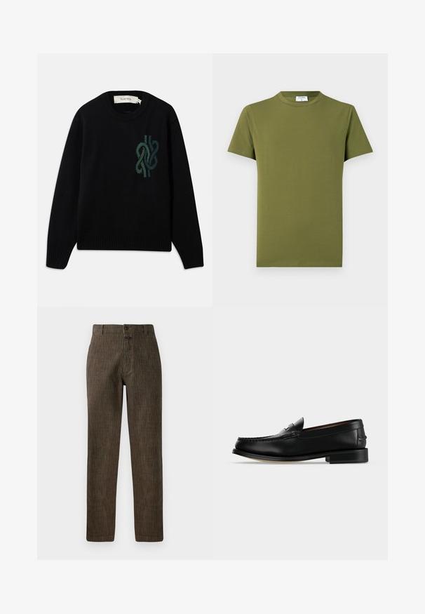 Pull en tricot noir avec un col rond et un design de nœud abstrait vert sur la poitrine, avec des poignets et un ourlet côtelés.; T-shirt manches courtes de couleur vert olive, fabriqué en tissu doux et lisse. Col rond classique, lignes épurées, sans motifs ni accents visibles.; Pantalons en velours côtelé marron avec des rayures verticales, une coupe droite et une fermeture à bouton à l'avant. Texture lisse avec un design classique.; Mocassin homme en cuir noir avec un petit talon et une couture de style mocassin sur l'avant, vu de côté sur un fond uni.