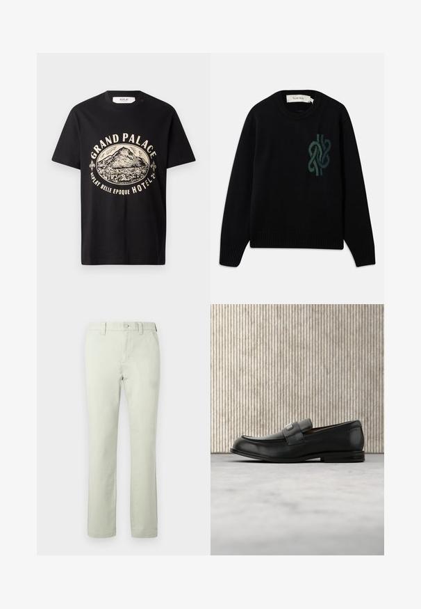 Sort strikket sweater med rund hals og et grønt abstrakt knudedesign på brystet, med ribbede manchetter og kant.; Sort bomulds T-shirt med en beige grafisk print af et bjerg og teksten "Grand Palace Replay Belle Epoque Hotel." Simpelt crew-neck design.; Tommy Jeans AUSTIN - Chino - misty sage; Sort læderloafer med metalbrandskilt hvilende nær et brunt rundt bord på beige tæppe.