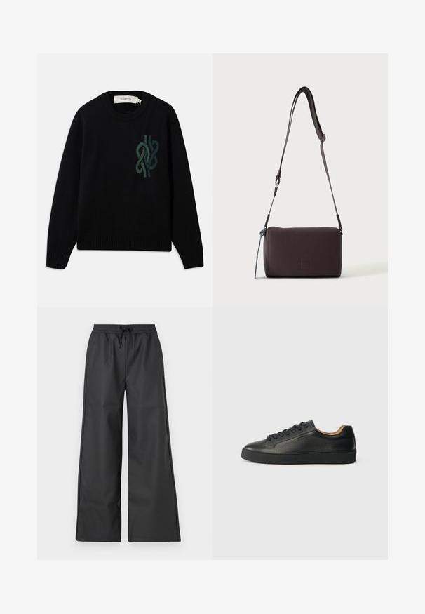 Zwart gebreid vest met ronde hals en een groene abstracte knoopontwerp op de borst, met ribgebreide manchetten en zoom.; Han Kjøbenhavn RELAXED TRACK TROUSERS - Broek - black; Zwarte lage leren sneaker met gestructureerd oppervlak, zwarte veters en dikke rubberen zool, zijaanzicht op een lichte achtergrond.; Donkerbruine gestructureerde leren crossbodytas met verstelbare riem en klein decoratief blauw accent aan de zijkant.