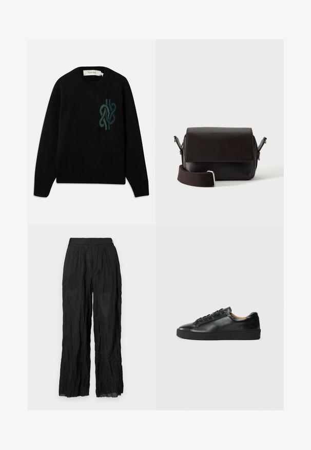 Sort strikket sweater med rund hals og et grønt abstrakt knudedesign på brystet, med ribbede manchetter og kant.; Sorte linned brede bukser med en struktureret overflade. Har en elastisk talje og diskrete folder.; Sorte lædersneakers med en glat overflade, rund tå og snørebåndslukning. Har en tyk gummisål og minimal branddetalje.; Mørkebrun lædertaske med flaplukning og justerbar stofrem på hvid baggrund.