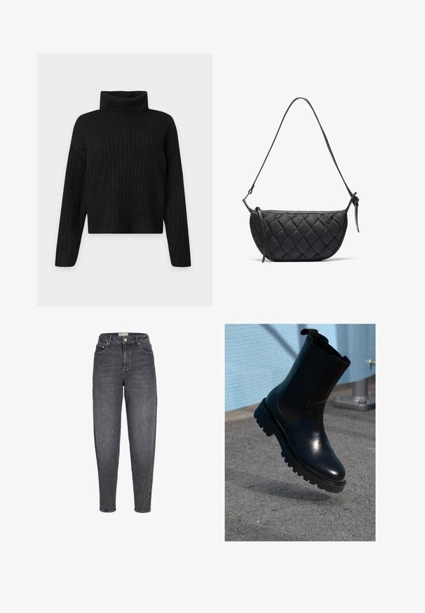 Sort ribstrikket rullekrave trøje med lange ærmer og en let cropped pasform på en ensfarvet lys baggrund.; Sortvaskede jeans med høj talje, tilspidset pasform, forlommer, bæltestropper og knaplukning foran.; Sort ankelstøvle i læder med elastiske sidepaneler, rund tå og en tyk, tekstureret sål. Glat finish med et minimalistisk design.; Sort kviltet håndtaske med en buet form, der har en slank skulderrem og en lynlås. Lavet af blødt, tekstureret materiale.