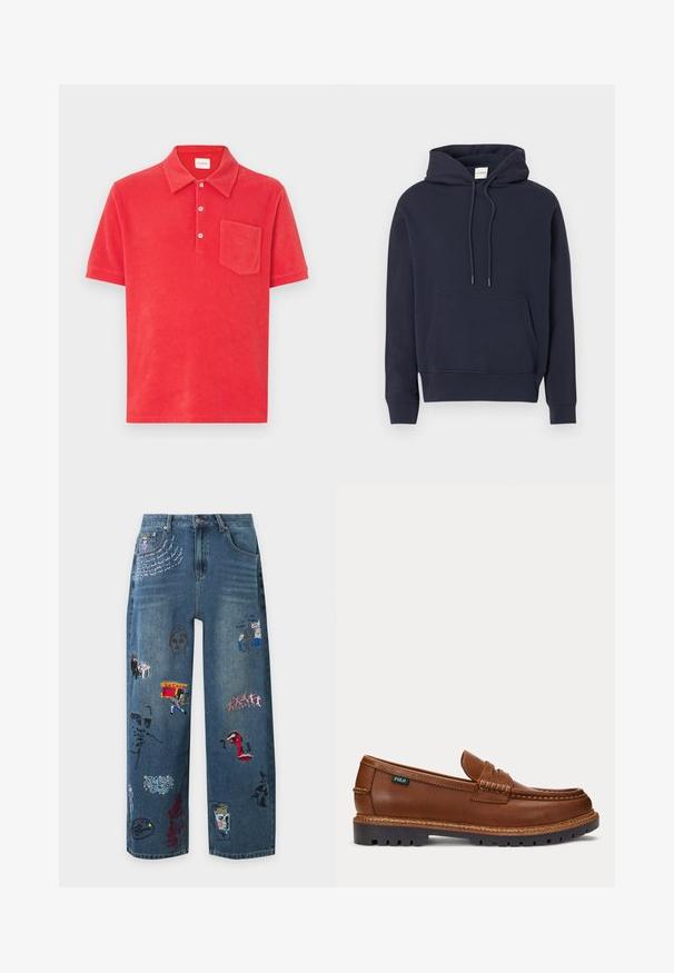 Sweat à capuche bleu marine avec poche kangourou à l'avant, capuche à cordon de serrage, poignets côtelés et une étiquette de marque blanche visible à l'intérieur du col.; Polo rouge en tissu éponge doux, avec un col classique, une patte de boutonnage à trois boutons, et une poche plaquée sur la poitrine gauche.; Jean en denim bleu avec des patchs brodés colorés comprenant des visages, du texte, des danseurs, une table et divers motifs abstraits sur les jambes avant.; Mocassin en cuir marron avec détails cousus, semelle noire robuste et petite étiquette "Polo" sur le côté.
