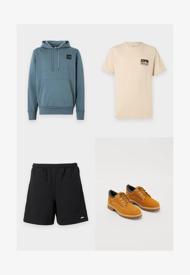 Sweat à capuche bleu-gris pâle, en tissu doux. Comprend une poche avant et un petit écusson logo noir sur la poitrine.; T-shirt beige à manches courtes avec un petit logo coloré Billabong Adventure Division sur le côté gauche de la poitrine.; Shorts décontractés noirs avec taille élastique et poches latérales, arborant un petit logo blanc "OBEY" sur la jambe droite inférieure.; Chaussures en daim marron avec un bout rond, des lacets jaunes, un col rembourré noir et des semelles en caoutchouc avec des rainures de traction.