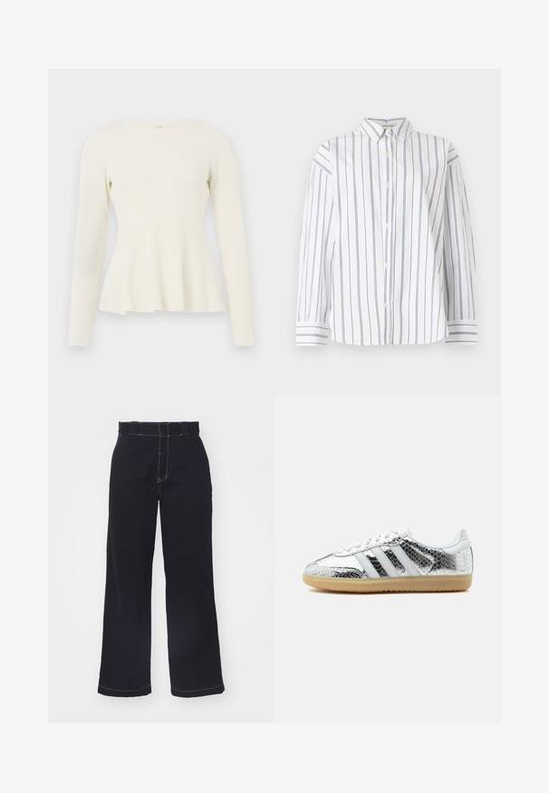 Dlhý rukáv, rebrovaný úpletlý top v off-white farbe s okrúhlym výstrihom a rozšíreným spodným okrajom. Mäkká textúra s priliehavou siluetou na tele a splývavou spodnou časťou.; Biela bavlnená košeľa na gombíky s vertikálnymi námorníckymi pruhmi, klasickým golierom a dlhými rukávmi s pruhovanými manžetami. Mäkka textúra.; Tmavo modré nohavice s širokými nohavicami z bavlny s vysokým pásom, s kontrastným bielym prešívaním a čista, jednoduchá dizajnom.; Nízkoprofilová teniska so striebornou metalickou hadou textúrou, bielymi pruhmi, bielymi šnúrkami a svetlou gumovou podrážkou na bielom pozadí.
