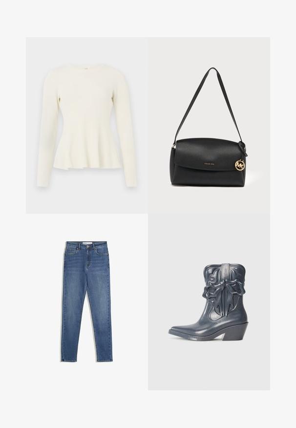 Haut en tricot côtelé à manches longues en blanc cassé avec un col rond et un ourlet évasé. Texture douce avec un corsage ajusté et un bas fluide.; Jean en denim bleu avec taille haute, coupe slim, poches avant, fermeture éclair et coutures contrastantes. Design structuré avec une texture lisse.; Bottine grise brillante à bout pointu, détail de nœud décoratif et talon bloc incurvé ; présente un design texturé sur la tige.; Sac à épaule en cuir noir avec rabat, breloque logo Michael Kors dorée et bandoulière réglable sur un fond clair uni.
