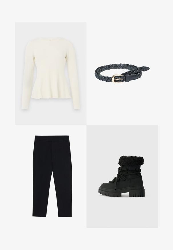 Langærmet, ribbet striktop i off-white med rund halsudskæring og flared kant. Blød tekstur med en tætsiddende bodice og flydende bund.; Sorte leggings lavet af strækbart stof, med en elastisk talje og en glat tekstur. Ingen synlige mønstre eller hardware-detaljer.; Sorte ankelstøvler med en tekstureret pelskant, snørebånd foran, gummisål og tykk hæl. Glat materiale med et robust, chunky design.; Sort flettet læderbælte med guldmetal spænde, foldet på hvid baggrund.
