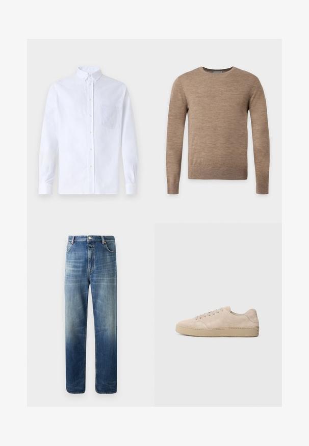 Pull beige à manches longues avec col rond et texture tricotée unie, présenté sur un fond clair uni.; Chemise blanche à manches longues avec boutons en coton, présentant une poche poitrine avec broderie ton sur ton, un col et des poignets boutonnés.; Jean denim bleu à jambe droite avec des détails subtils de décoloration et de whiskering, doté de poches avant et arrière, d'une fermeture à bouton et de passants pour ceinture.; Baskets en daim beige avec un bout rond, des lacets plats et une semelle en caoutchouc texturé. Design minimaliste avec des bords lisses et des coutures discrètes.