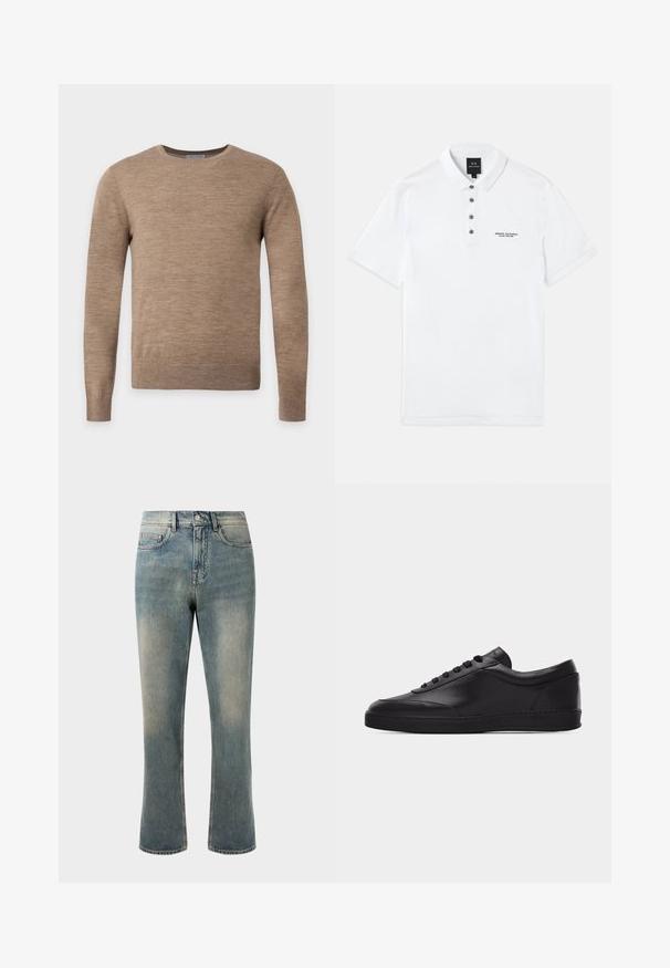 Beige trui met lange mouwen en ronde hals met een eenvoudige gebreide structuur, afgebeeld op een effen lichte achtergrond.; Witte polo shirt gemaakt van katoen met korte mouwen, een kraag, vijf donkere knopen en geborduurd 'Armani Exchange' logo op de borst.; Lichtblauwe spijkerbroek met een rechte pijp, middelhoge taille en subtiele vervaging. Beschikt over klassieke zakstyling en contraststiksel.; Zwarte lage leren sneaker met vetersluiting aan de voorkant en een platte rubberen zool, gezien van de zijkant tegen een effen witte achtergrond.