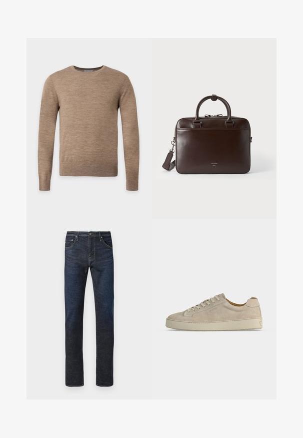 Pull beige à manches longues avec col rond et texture tricotée unie, présenté sur un fond clair uni.; Jean en denim droit bleu marine avec bouton frontal, couture visible et design à cinq poches sur fond blanc.; Baskets basses beiges en daim avec fermeture lacée et semelle épaisse en caoutchouc, vues de profil sur fond blanc uni.; Serviette en cuir brun foncé avec deux poignées, une bandoulière détachable et un petit logo à l'avant sur un fond uni.